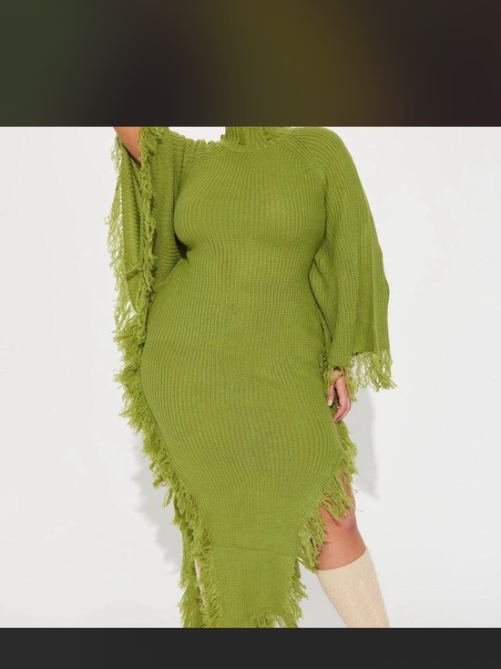 Fashion Nova Dresses & Skirts - Fashion Nova Olive Green Asymmetrical Fringe Knit Dress